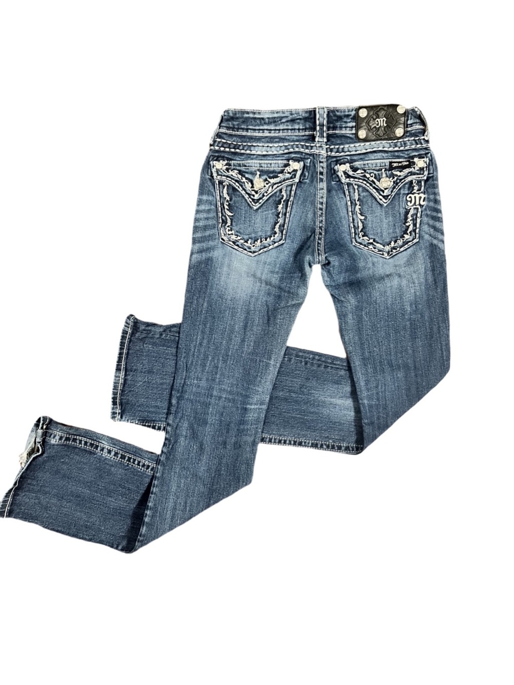 Miss Me Medium Blue Embellished Flap Back Pocket Boot Cut Size 27